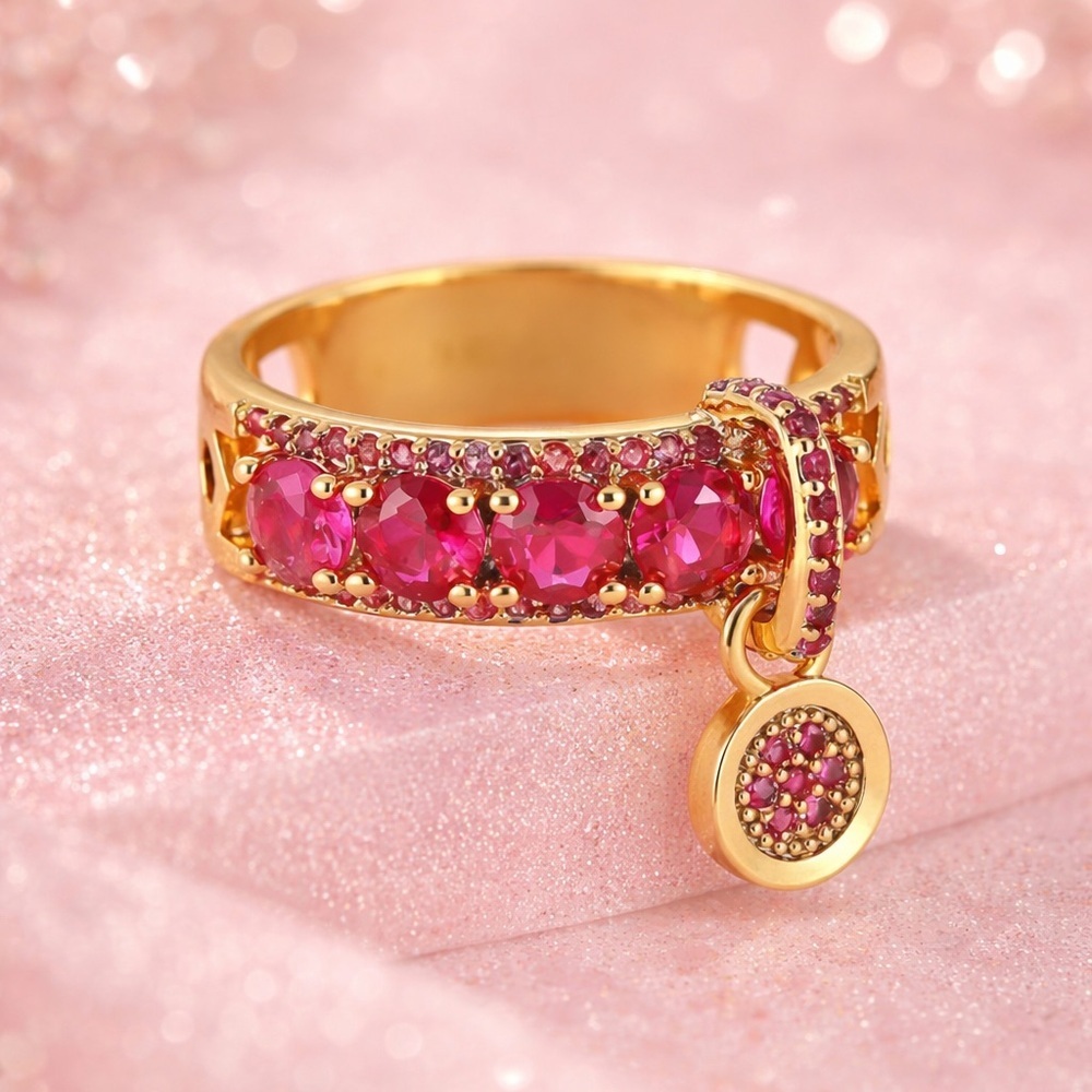 Gold Tone Pink CZ Dangle Ring – Romantic Statement Band 9